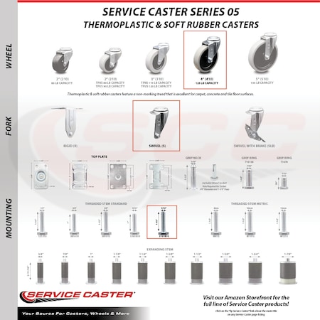 Service Caster 4 Inch Thermoplastic Rubber Wheel 5/16 Inch Threaded Stem Caster SCC-TS05S410-TPRS-5161815